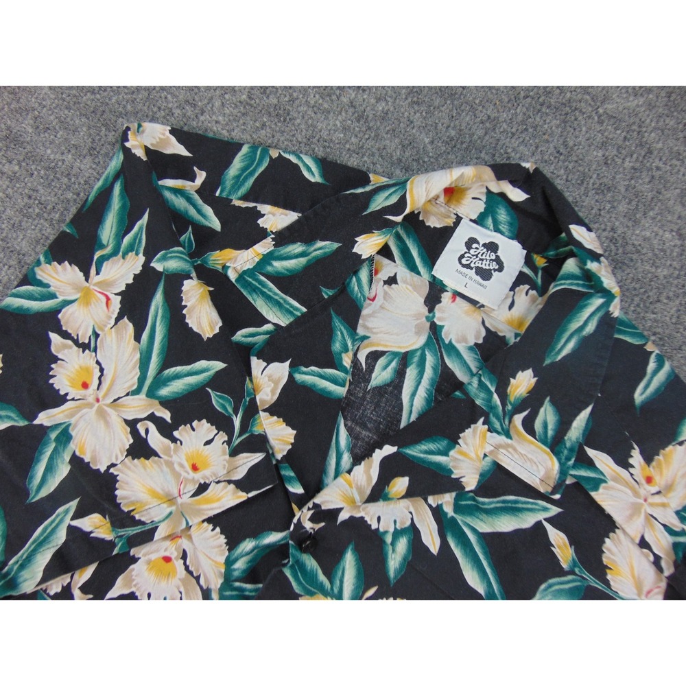 Hilo Hattie Shirt Mens Large Aloha Black Floral Orchid Hawaiian Summer‎ Beach